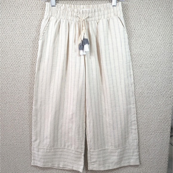Harmony & Havoc Pants - Harmony & Havoc Wide Leg Cropped Pants Medium Linen Blend Stripes Stretch Waist‎
